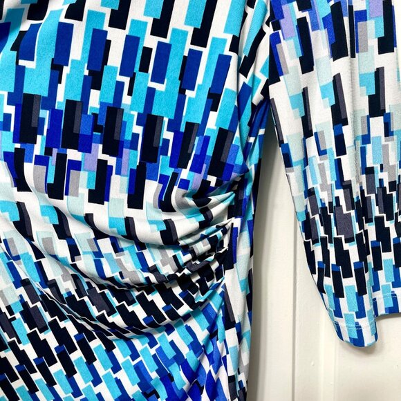 Chicos Geometric Print 3/4 Sleeves Ruching Detail Dress in Blue & Turquoise M - Picture 4 of 11